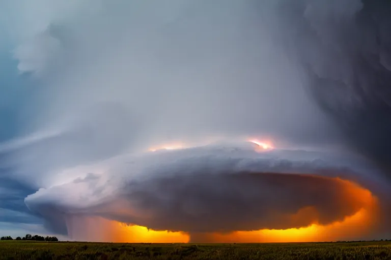 Image similar to a photo of a supercell thunderstorm, illuminated from various angles by the setting sun, cinematic