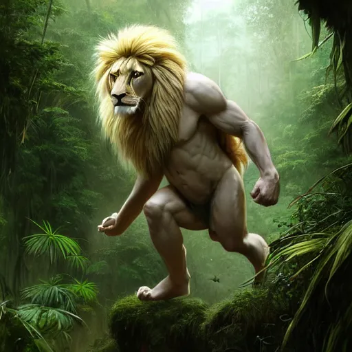 Prompt: commission portrait of a fit male anthro albino lion,dressed in jungle clothes,goung through a jungle.,dramatic,character design by charles bowater,greg rutkowski,ross tran,hyperdetailed,hyperrealistic,4k,deviantart,artstation,professional photography,concept art