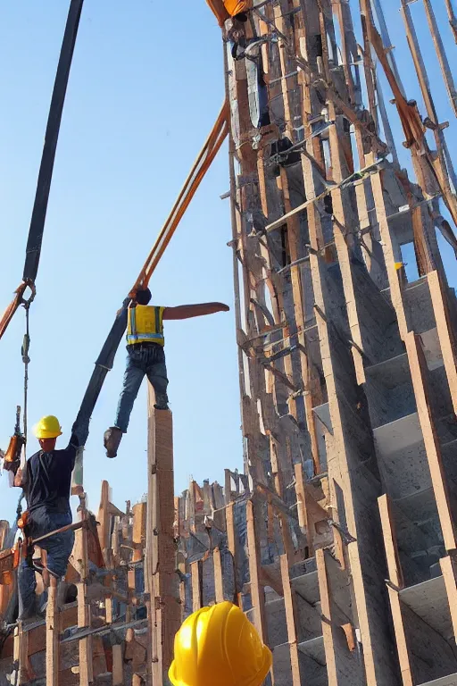 Prompt: towering giant helping tiny construction workers build a building. brick by brick, stone by stone.