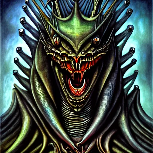 Image similar to Giger portrait of queen dragon, Dragon in dragon lair, HD, full body dragon concept, flying dragon, soft shading, soft colors, relaxed colors, hyperdetailed, wide angle lens, fantasy, futuristic horror, style of giger