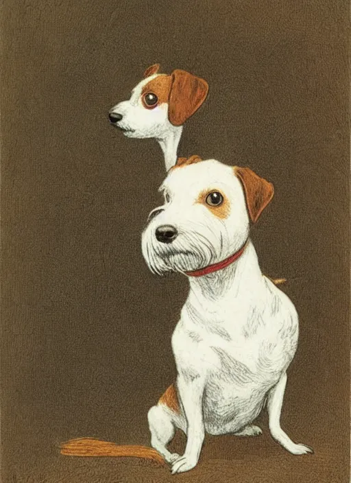 Image similar to portrait of jack russel terrier, illustrated by peggy fortnum and beatrix potter and sir john tenniel