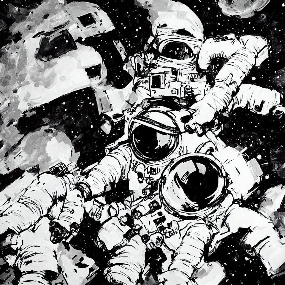 Image similar to an astronaut playing a keyboard by ashley wood, dynamic lighting, cinematic, epic composition, masterpiece