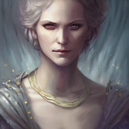 Image similar to a detailed matte head - on portrait painting of an middle - aged half - tiefling noblewoman with golden eyes and short well kept hair, by charlie bowater, lise deharme, wlop, tending on arstation, dungeons and dragon, dnd, pathfinder, fanart, oil on canvas