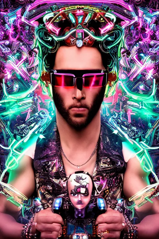 Image similar to full-body neon chrome bladerunner and baroque style sculpture of a young handsome Cuban prince wearing cholo shades as a half android with a porcelain chest opening exposing circuitry and electric sparks, glowing laser beam eyes, crown of giant diamonds, flowing neon-colored silk, fabric, raptors. baroque elements. full-length view. baroque element. intricate artwork by caravaggio. many many birds birds on background. Trending on artstation, octane render, cinematic lighting from the right, hyper realism, octane render, 8k, depth of field, 3D