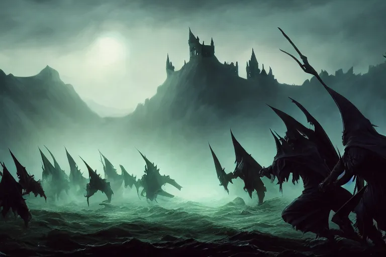 Prompt: the nazgul attacking scotland, cinematic lighting, smooth, focus, cinematic, concept art, highly detailed, artstation, trending, feng zhu, shaddy safadi, noah bradley, tyler edlin, jordan grimmer, darek zabrocki, neil blevins, tuomas korpi