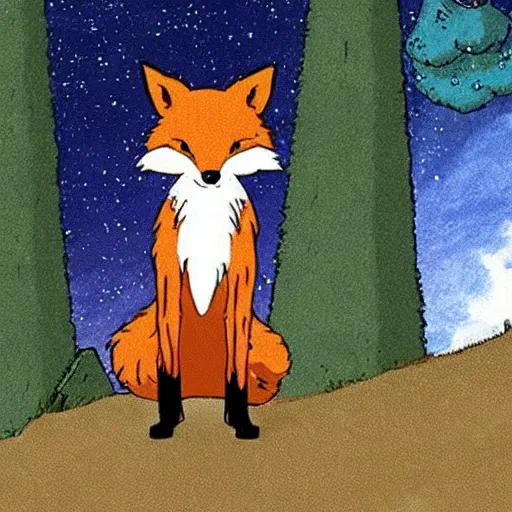 Image similar to a fox with a wry expression wearing full plate armor, by Studio Ghibli and Hayao Miyazaki