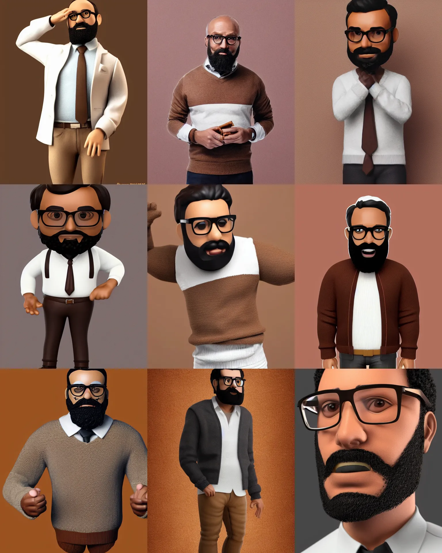 Prompt: full body 3d render of brown man with beard, glasses, tobacco brown sweater with white shirt collar as a funko pop!, studio lighting, grey background, single body, no shadow, blender, trending on artstation, 8k, highly detailed