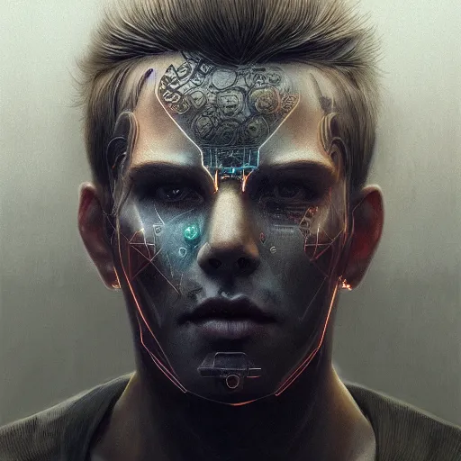 Image similar to portrait of a man with face tattoos, sci - fi, cyberpunk, blade runner, glowing lights, tech, biotech, techwear, intricate, elegant, highly detailed, digital painting, artstation, concept art, smooth, sharp focus, illustration, art by artgerm and greg rutkowski and alphonse mucha