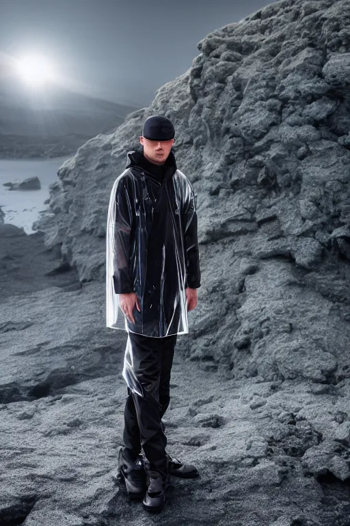 Image similar to an ultra high definition professional high fashion portrait studio full length photograph of a male model wearing a transparent pearlescent raincoat and neon visor planking in an icelandic black rock environment at dawn. no artefacts. extremely detailed. stark. refraction. shallow depth of field. volumetric light and shadow. ray tracing. light rays.