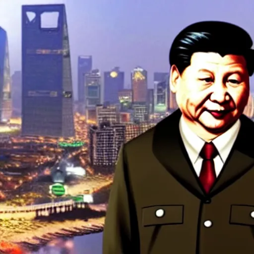 Prompt: xi jinping as a mafia boss in shanghai, grand theft auto style