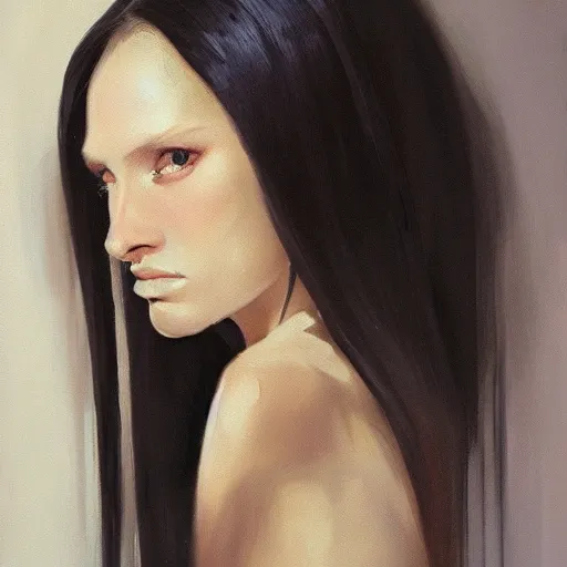 Image similar to An oil painting of a girl dressed in priest robes, 23 years old, (chad jaw line), long black hair, sharp facial features, beautiful, highly detailed, by Cédric Peyravernay, trending on artstation