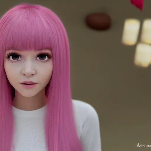 Image similar to A portrait of Nikki from Shining Nikki and Love, a cute 3d cgi toon young woman with long light pink hair, full bangs, hazel eyes, full face, light makeup, pale skin, Chinese heritage, cute outfit, medium shot, mid-shot, hyperdetailed, 8k, trending on artstation, as a Pixar character