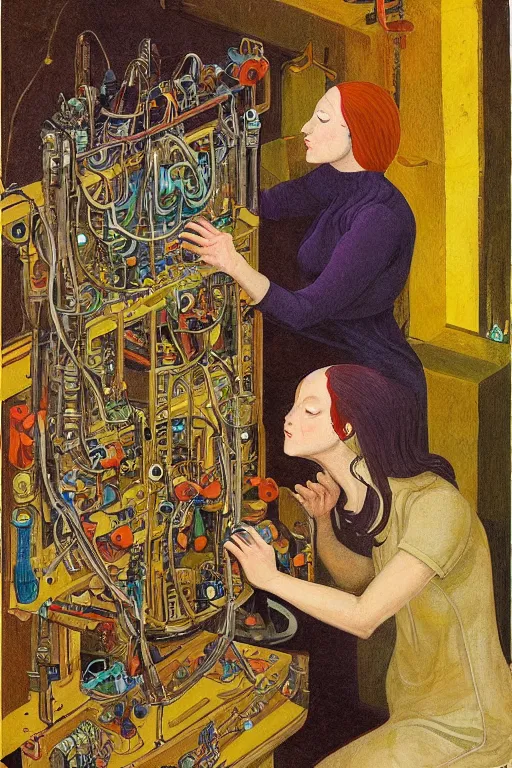 Image similar to realistic portrait of an engineer woman fixing the samsara holy cluster, fine portrait, concept art, stunning, in the style of brecht evens and jean delville