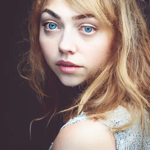 Prompt: a masterpiece portrait photo of a beautiful young woman who looks like a imogen poots, symmetrical face, random background scene