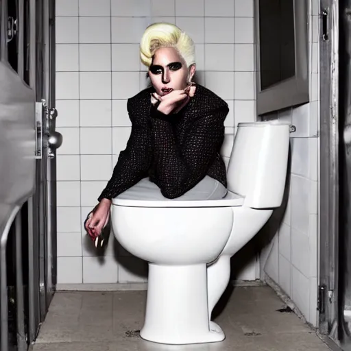 Image similar to lady gaga sitting in a toilet, with angry face