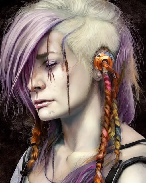 Prompt: cute grungy woman with rainbow hair, drunk, angry, soft eyes and narrow chin, dainty figure, long hair straight down, torn overalls, short shorts, combat boots, basic white background, side boob, highly detailed face, realistic face, beautiful detailed eyes, fantasy art, in the style of greg rutkowski, illustration, epic, fantasy, intricate, hyper detailed, artstation, concept art, smooth, sharp focus, ray tracing, vibrant,