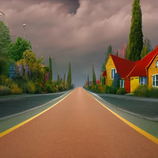 Image similar to a view of a road covered in colored rubber, digital matte painting, in the style of Tim Burton, 8k, highly detailed