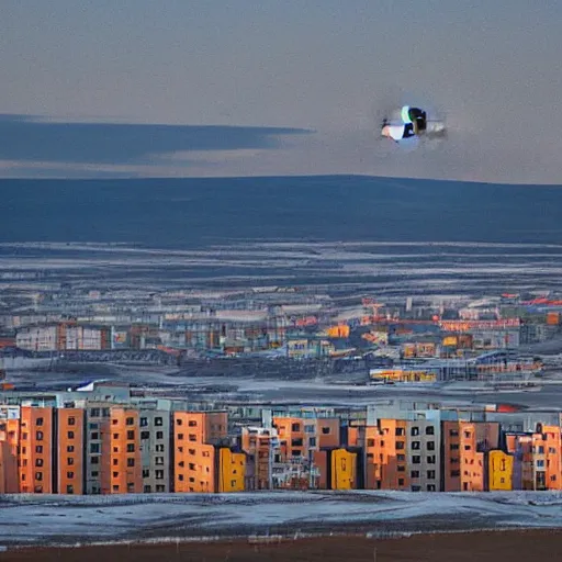 Image similar to moon landscape, norilsk the moon city, telephoto, street