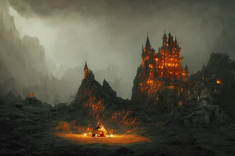 Image similar to a castle at night being lit up by the fire of a dragon, Les Edwards, Zdzislaw Beksinski, Carl Gustav Carus, John Harris, Michal Karcz, Zhang Kechun, Mikko Lagerstedt, Scott Listfield, Steven Outram, Jessica Rossier