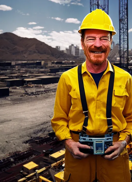 Image similar to closeup portrait of cheerful bryan cranston as a crane operator, yellow hardhat, natural light, bloom, detailed face, magazine, press, photo, steve mccurry, david lazar, canon, nikon, focus