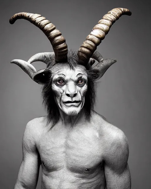 Image similar to actor Roddy McDowell in Elaborate Pan Satyr Goat Man Makeup and prosthetics designed by Rick Baker, Hyperreal, Head Shots Photographed in the Style of Annie Leibovitz, Studio Lighting