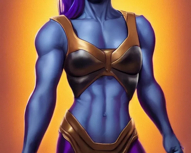 Image similar to thanos as a feminine beautiful muscular woman dressed as a battle nun, highly detailed full body portrait, pretty face, elegant, breathtaking art, concept art, by artgerm and ilya kuvshinov