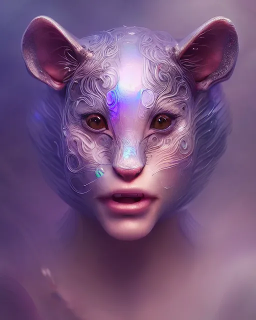 Image similar to cute female woman rat chimera of iridescent liquid, alchemy, shiny plastic, intricate, bloom, detailed, volumetric lighting, sharp focus, photorealism, digital painting, highly detailed, concept art, by by artgerm and wlop