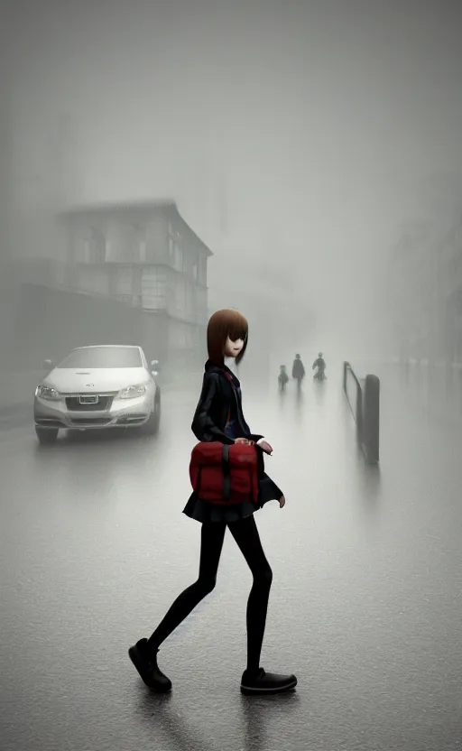 Image similar to school girl walking, gloomy and foggy atmosphere, octane render, cgsociety, artstation trending, horror scene, highly detailded