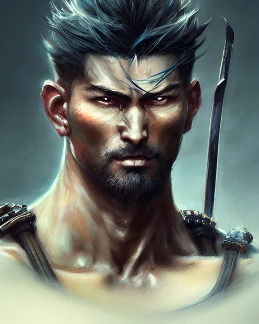 Image similar to face portrait of a handsome and ripped ronin, masculine features, short messy hair, wielding a katana, wearing a haori, by wlop and peter mohrbacher, dramatic action pose, extremely detailed shading, concept art, digital painting, trending on artstation, unreal engine 5, octane render, atmosphere, glow, cinematic lighting, full of color