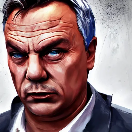 Image similar to Viktor Orban as a character in the game GTA VI, with a background based on the game League of Legends, detailed face, PAINTING BY android jones