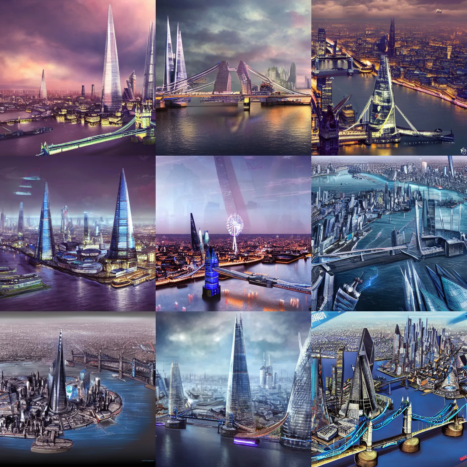 Prompt: futuristic cityscape, mega city, 2050, London, the Shard, Millennium Wheel, Tower Bridge, Thames River, ultrahigh detail, trending on artstation