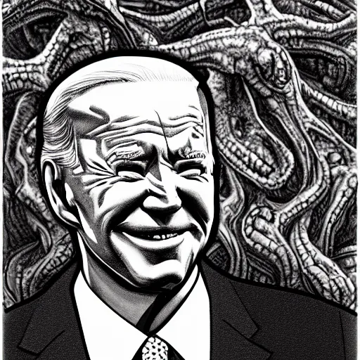 Image similar to biden became stupid ugly lovecraftian degenerate abomination, photo - realistic, color image, 2 k, highly detailed, horror