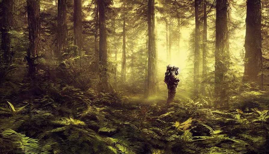 Image similar to american astronaut in the forest, plants environment, wide angle, cinematic lighting, atmospheric, realistic, octane render, highly detailed, color graded, in the style of craig mullins