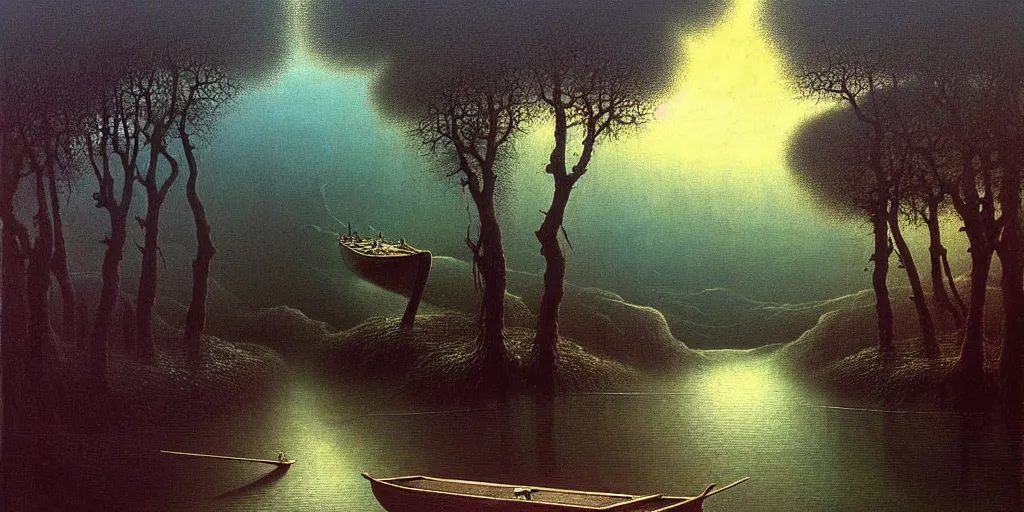 Image similar to A very detailed painting in the style of Beksinski featuring a river in Europe surrounded by trees and fields. A rubber dinghy is slowly moving through the water. Sun is shining