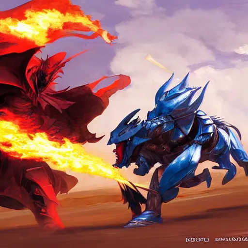 Image similar to dragon fire vs blue armor knight shield, green car hatchback, desert landscape, greg manchess, akehiko inoue and ross tran