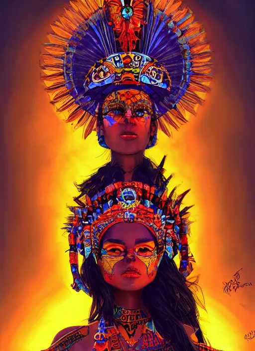 Prompt: aztec sun goddess, vivid colors, dark shadows, contrast, concept art, sharp focus, digital art, Hyper-realistic, 4K, Unreal Engine, Highly Detailed, Dramatic Lighting, Beautiful, by Brom