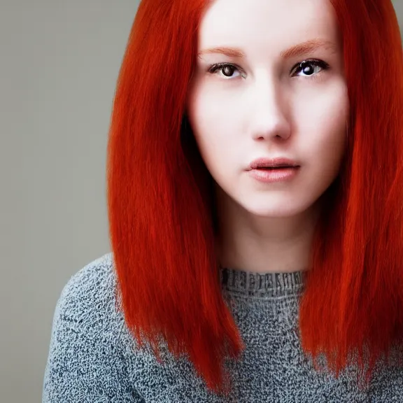 Image similar to portrait of a plain looking young white female model red hair and uneven skintone and a round shaped face