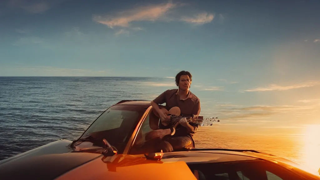 Prompt: a movie still of a man playing guitar on the roof of a car driving through the ocean at sunset, golden hour