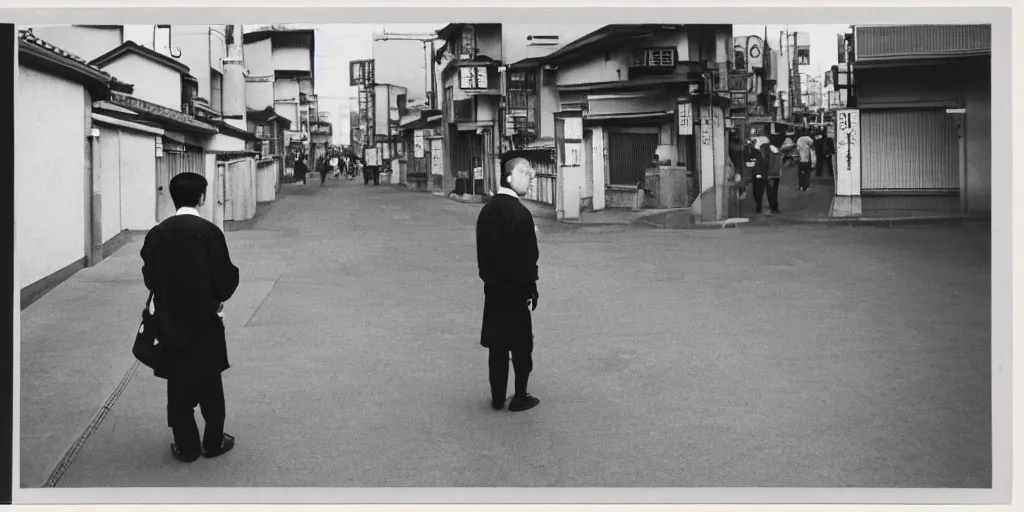 Prompt: photograph of a Japanese man on a street corner, back view, professional photograph, artistic, cityscape