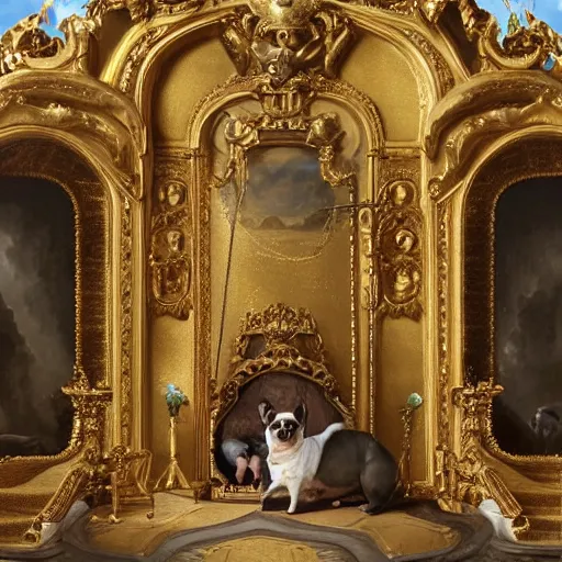 Prompt: 8k highly detailed oil matte painting by Charles Landelle of A French Bulldog King, decadent throne room, the other animals prostrate themselves before the throne