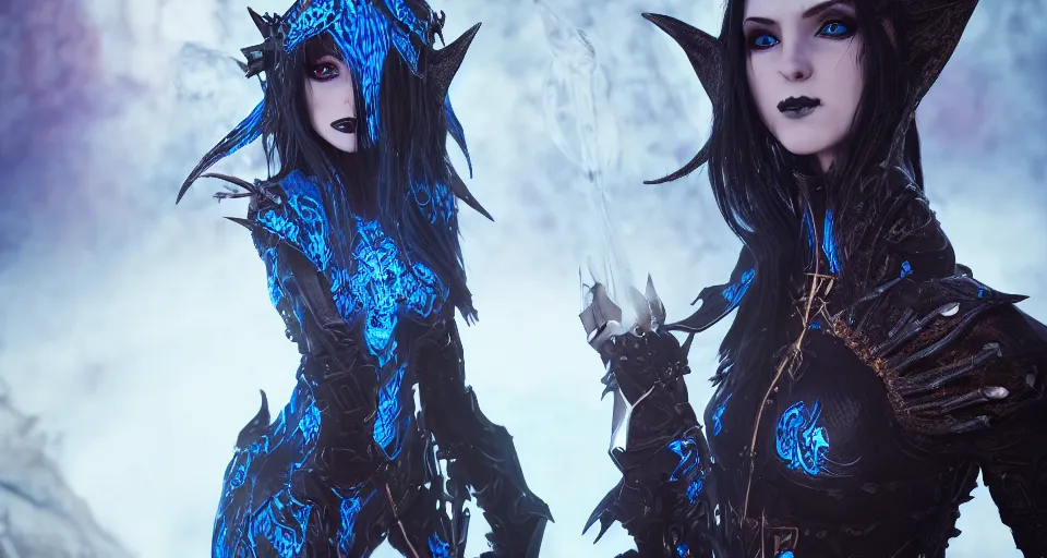 Image similar to Gothic elf princess in dark and blue dragon armor, hyperdetailed, artstation, cgsociety, golden hour 8k