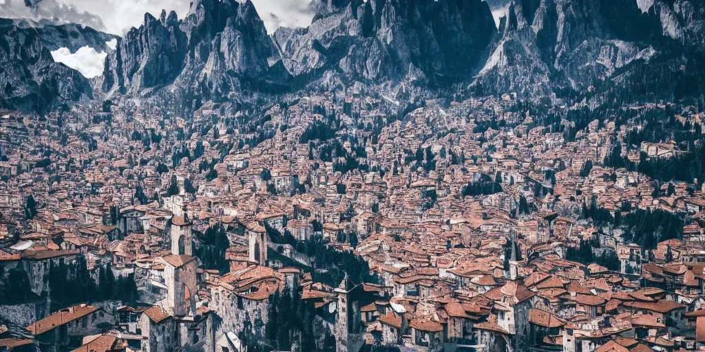 Image similar to a city in the dolomites, futuristic planes in the sky, cinematic