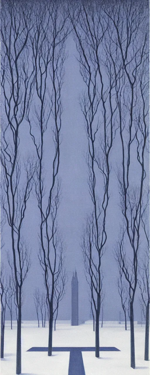 Prompt: University of Michigan campus on a Winter night by Rene Magritte. Long surreal shadows. Blue.