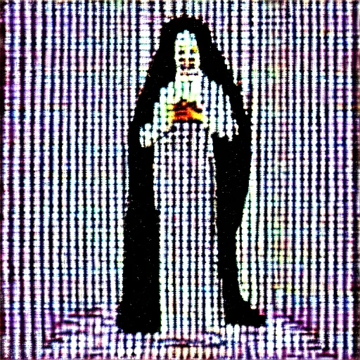 Image similar to vhs static overlay of marian apparition, vhs, 1 9 9 0, highly realistic, highly detailed, vhs noise static, black and white, vhs glitch