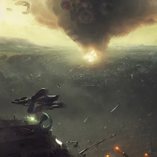 Image similar to an alien invasion the aliens have invaded earth and fighting with the humans blowing up cities by greg rutkowski