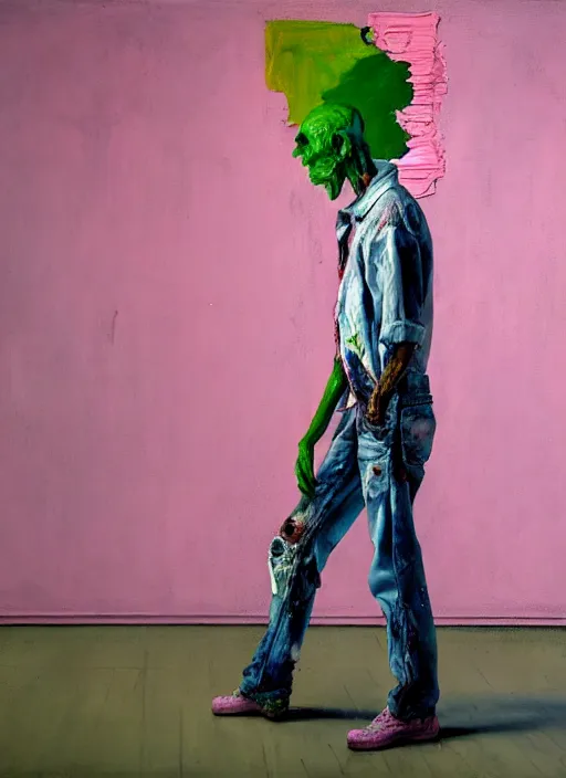 Prompt: an insane, skinny, artist wearing dirty, torn overalls, expressive painting the walls inside a grand messy studio, depth of field, hauntingly surreal, highly detailed painting by francis bacon, edward hopper, adrian ghenie, glenn brown, soft light 4 k in pink, green and blue colour palette, highly detailed, cinematic composition, unreal engine render,