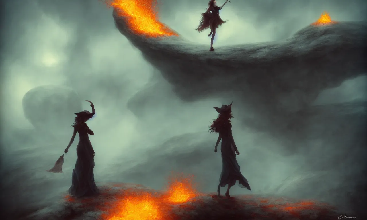 Image similar to the lonely witch standing at the edge of a fiery caldera by bastien deharme and gerald brom and mark arian and omar ortiz, smooth round rocks, deep blue sky, low light, misty, smoky, tonalism, sfumato