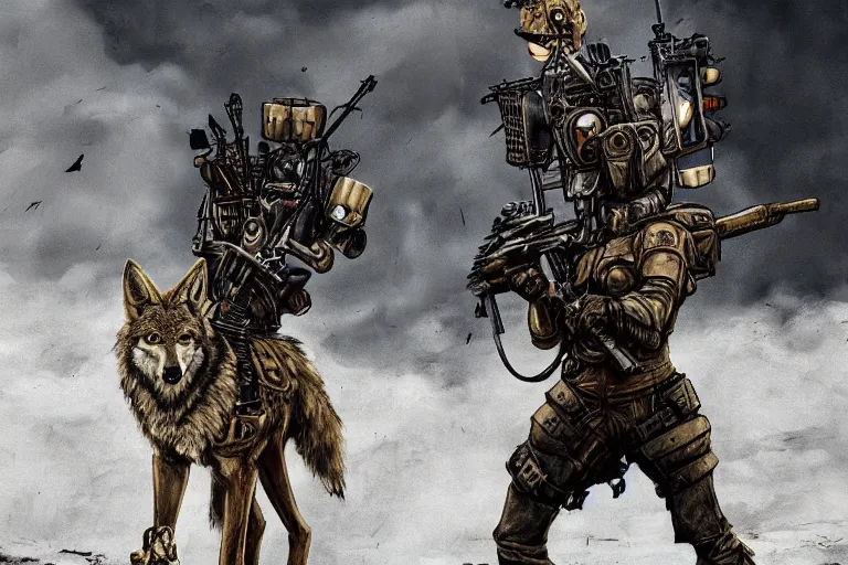 Image similar to a good ol'coyote fursona ( from the furry fandom ), heavily armed and armored facing down armageddon in a dark and gritty version from the makers of mad max : fury road. witness me.