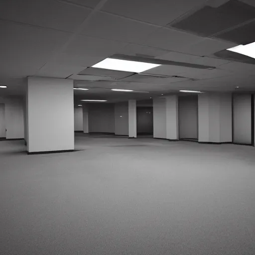 Image similar to an empty office space at night, eerie atmosphere