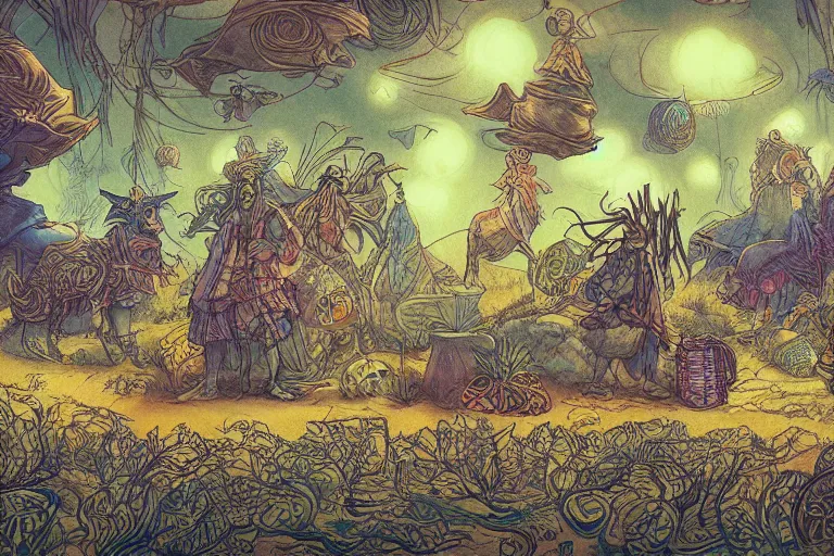 Prompt: caravan of rabbit merchant nomads traveling through a psychedelic landscape, in the style of Greg Broadmore and Arthur Rackham and Moebius, trending on artstation, light lighting side view,digital art,surrealism ,macro,blueprint ,vaporwave ,